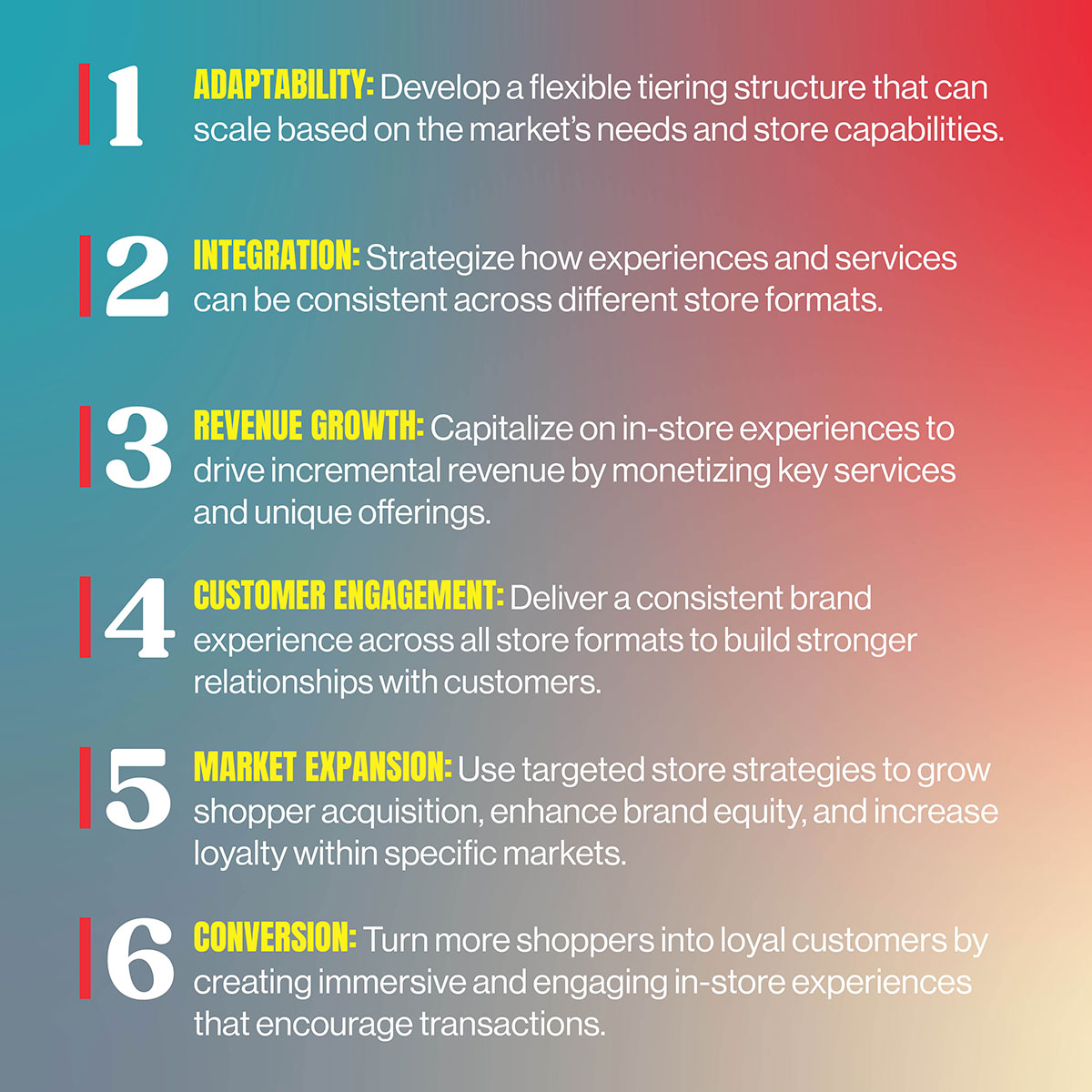 1.	Adaptability: Develop a flexible tiering structure that can scale based on the market's needs and store capabilities.
2.	Integration: Strategize how experiences and services can be consistent across different store formats.
3.	Revenue Growth: Capitalize on in-store experiences to drive incremental revenue by monetizing key services and unique offerings.
4.	Customer Engagement: Deliver a consistent brand experience across all store formats to build stronger relationships with customers.
5.	Market Expansion: Use targeted store strategies to grow shopper acquisition, enhance brand equity, and increase loyalty within specific markets.
6.	Conversion: Turn more shoppers into loyal customers by creating immersive and engaging in-store experiences that encourage transactions.