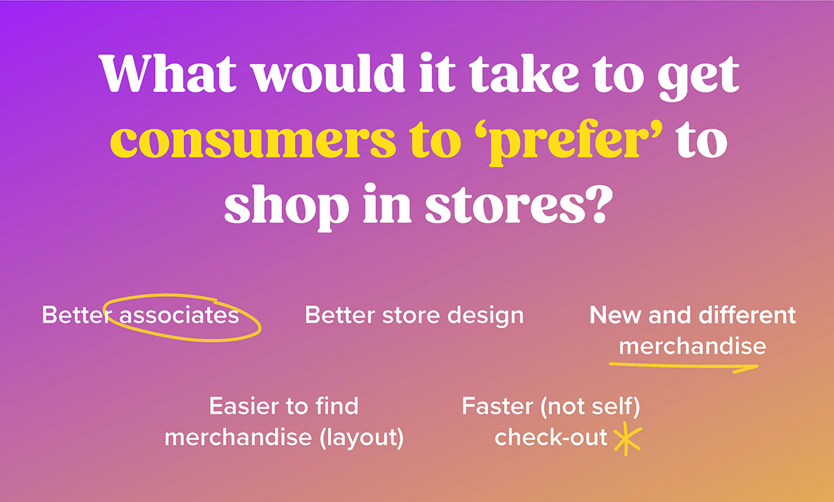 Better associates, Better store design, New and different merchandise, Easier to find merchandise (layout), Faster (not self) check out